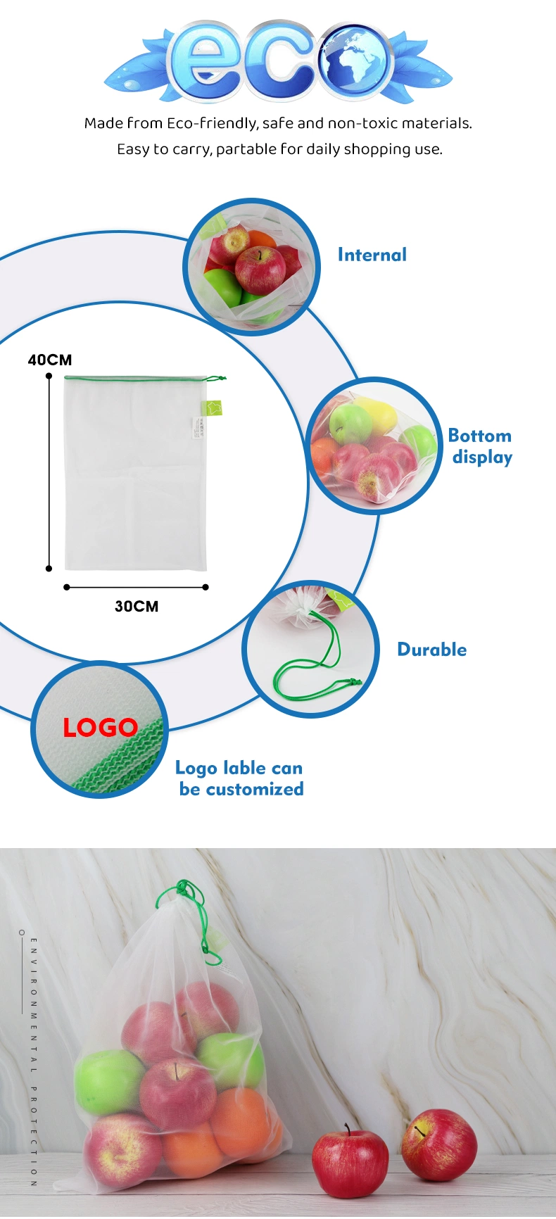 Custom White Shopping Fruits and Vegetables Packaging Reusable RPET Drawstring Mesh Bag