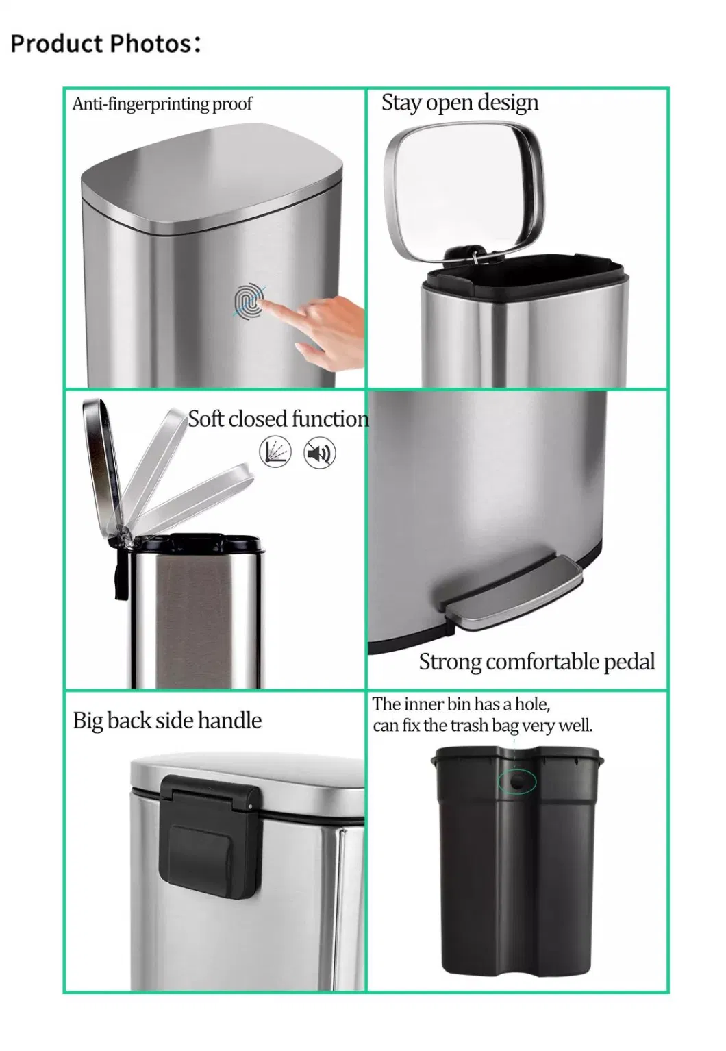 30L 50L Stainless Steel Metal Strong Kitchen Garbage Trash Can