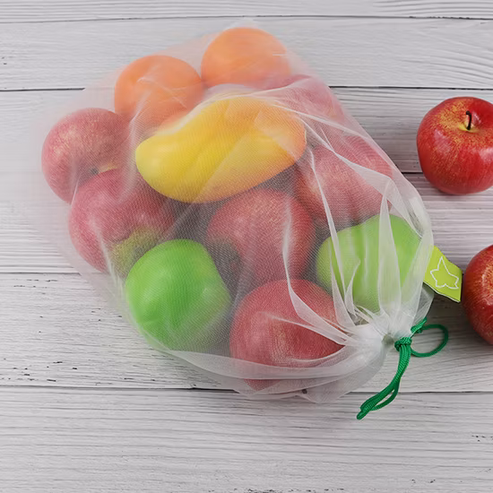 Custom White Shopping Fruits and Vegetables Packaging Reusable RPET Drawstring Mesh Bag
